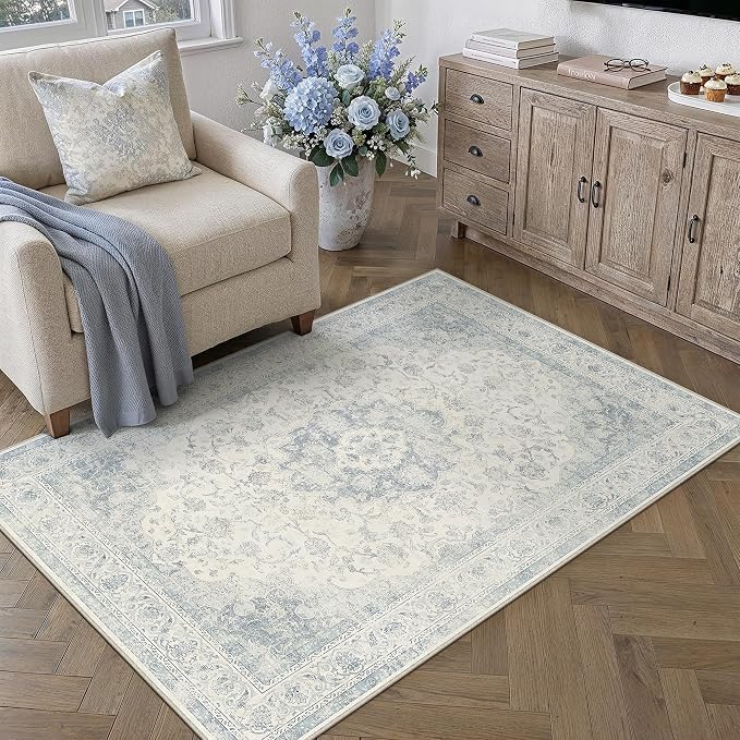 4x6 Blue Washable Area Rug Non Slip Vintage Carpet | Low Pile, Stain Resistant, Living Room, Kitchen, Bedroom, Entryway, Nursery, Laundry Room, Hallway, Soft, Thin, Lightweight