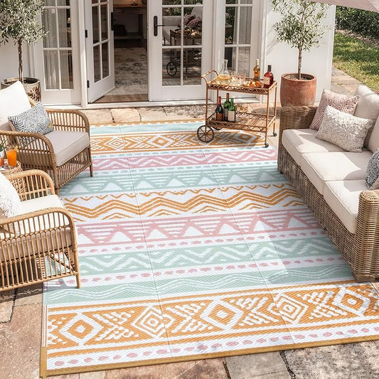 Lahome Waterproof Outdoor Rug 6x9, Reversible Outdoor Plastic Straw Rug for Camping, Large RV Outdoor Patio Rug, Outdoor Rugs Carpet for Porch Deck Backyard Balcony Picnic(Pink/Orange,6'x 9')