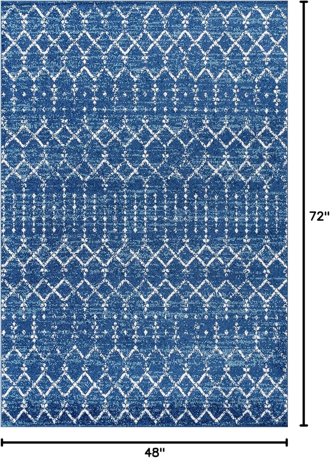 JONATHAN Y Boho Vintage Diamond Blue/White Indoor Area Rug 4X6 ft, Moroccan Hype for Living Room, Bedroom, Kitchen, Office, Easy-Cleaning, High Traffic, Pet-Friendly, Non-Shedding (MOH101A-4)