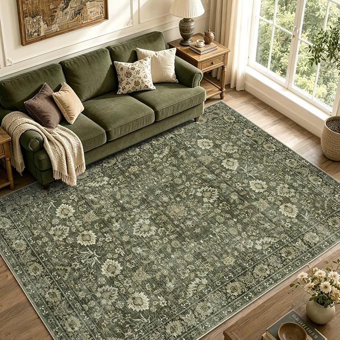 6x9 Ft Large Area Rugs for Living Room, Soft Non-Slip Machine Washable Rug, Vintage Stain Resistant Carpets for Bedroom Nursery Dining Room Home Decor (Green)