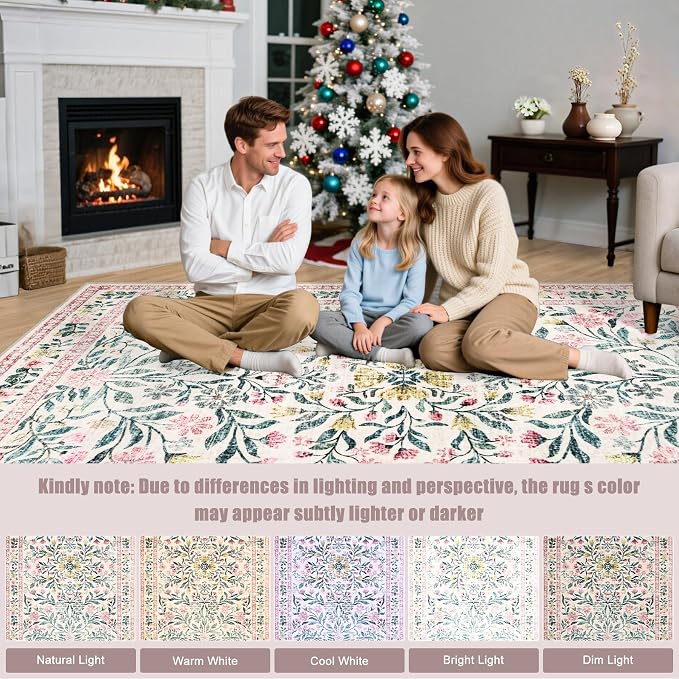PLHXFR Round Area Rug Living Room: 8 ft Floral Washable Carpet Pink Green | For Bedroom Dining Room Farmhouse Nursery Hallway,Vintage Floral,Machine washable,Non Slip,Stain Resistant,Large Indoor