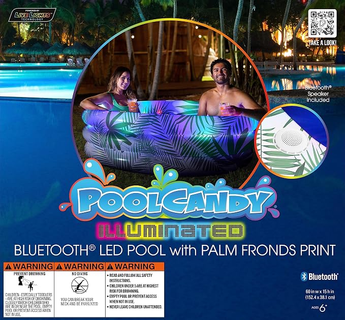 Poolcandy Inflatable Sunning Pools for up to 3 Adults (Illuminated LED Tropical Palms Day & Night Inflatable Sunning Pool)