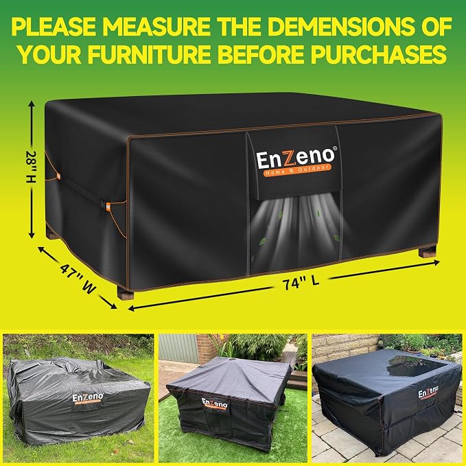 Enzeno Patio Furniture Set Cover Waterproof, Outdoor Dining Coffee Table Chair Covers Rectangular, Heavy Duty Outside Weatherproof Sectional Set Covers for Protection 74" L x 47" W x 28" H Black