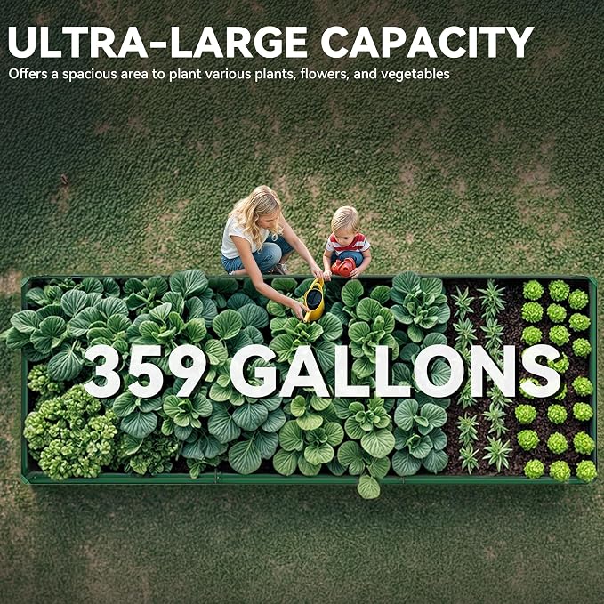 DWVO 2pcs 12 x 4 x 1 FT Raised Garden Bed Kit, Outdoor Galvanized Flower Bed with Safety Rubber and Gloves, Large Metal Planter Box for Vegetables, Flowers, Herbs, Fruits, Green