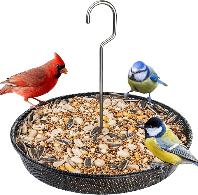 iBorn Hanging Bird Feeder Tray, Metal Mesh Bird Feeder Bowl with Thick Metal Hanger, Sturdy & Durable Bird Feeders for Outdoors, Easy to Refill & Clean, Pack of 1, Black