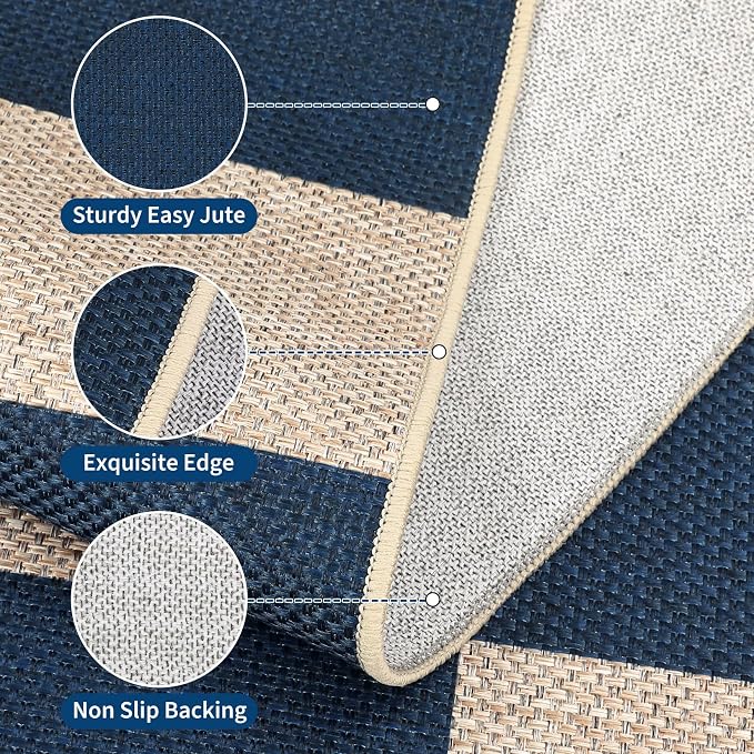 GarveeHome Checkered Easy Jute 5x7 Area Rugs for Living Room Machine Washable Non-Slip Backing Stain Resistant Modern Indoor Outdoor Rugs for Farmhouse Dining Room Patio Navy Blue