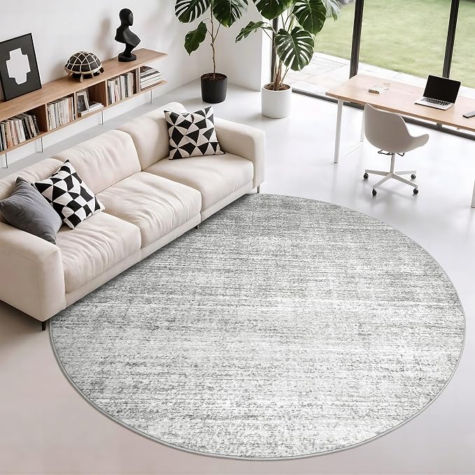 Valenrug Round Rugs 6ft, Circle Washable Area Rugs for Living Room, Grey | Soft Low Pile, Thin & Lighweight Non Slip Carpet, Folable Stain Resistant Modern Indoor Floor Mat for Bedroom, Dining Room