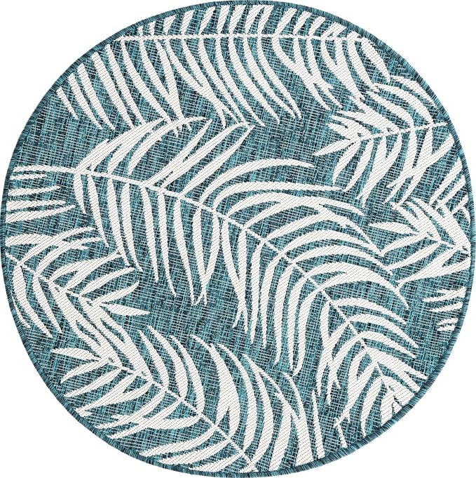 Unique Loom Outdoor Botanical Collection Area Rug - Palm (4' 1" Round, Teal/ Ivory)