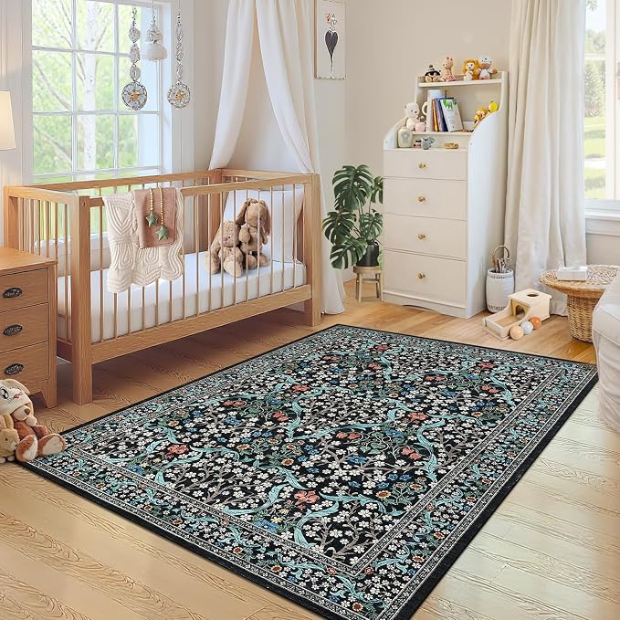 GarveeHome 4x6 Washable Area Rug for Living Room, Floral Large Entryway Kitchen Rug Non Slip, Ultra Soft Stain Resistance Carpet for Bedroom Laundry Room, Black