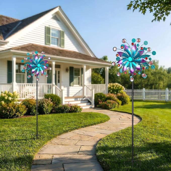 Solar Wind Spinner Outdoor - Metal Kinetic Wind Sculptures with Sparkling Jeweled Ornaments, Blue & Purple Gradient Dual-Direction Spinner, Solar LED Glass Ball Yard Art for Garden Patio Decor