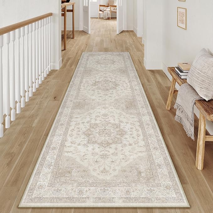 Beige 2.6x12 Washable Runner Rug Vintage Oriental Medallion Carpet | Soft Low Pile, Non Slip, Stain Resistant, Neutral Retro Decor for Hallway, Entryway, Bedroom, Kitchen, Entryway