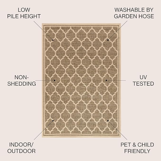 JONATHAN Y Moroccan Trellis Indoor Outdoor Square Area Rug 3X3 Brown/Beige, Trebol Textured Weave for Backyard, Patio, Porch, Easy-Cleaning, High Traffic, Pet-Friendly, Non-Shedding (SMB109A-3SQ)