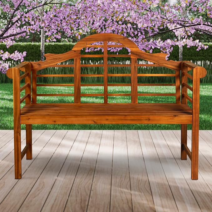 JONATHAN Y Lutyens 51" Acacia Wood Outdoor Bench, 2-Person Garden Bench with Arched Slatted Back and Armrests for Patio, Porch, Backyard, 600 lbs Capacity, Teak Finish BNH103A