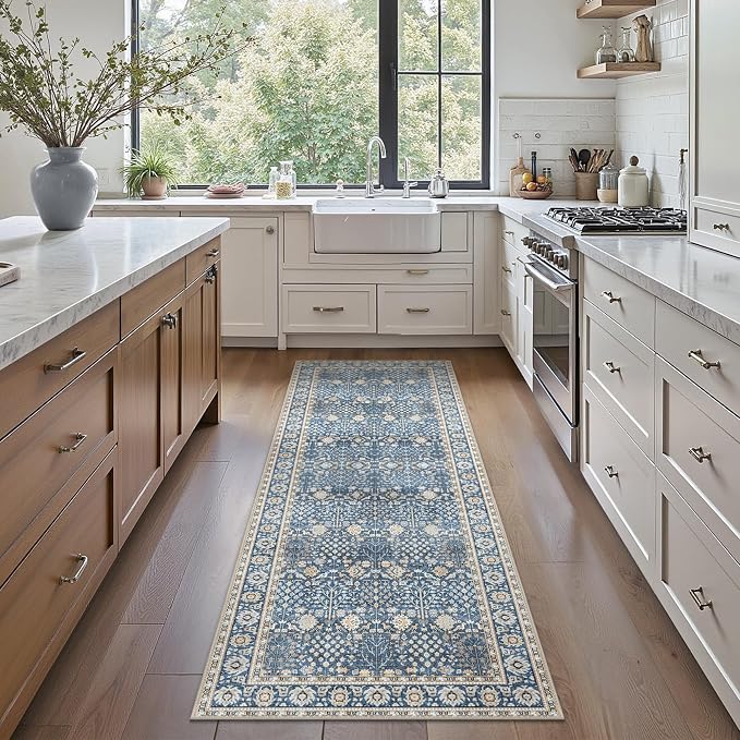 2x10 Kitchen Runner Rug, Washable Non Slip, Lake Blue | Vintage Floral Design, Spill Resistant Lightweight Low Pile Carpet for Hallway, Bedroom, Laundry Room, Bathroom