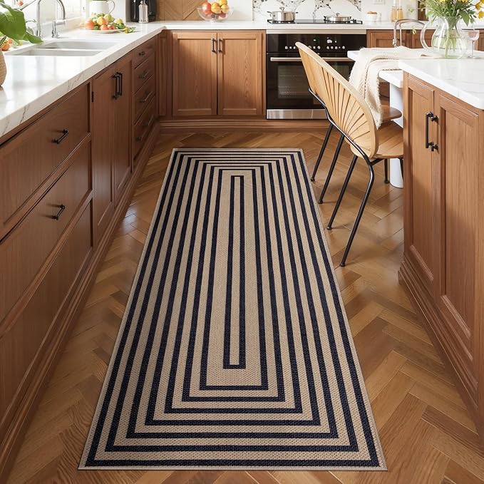 Tangsoo Easy Jute Rug 2x5 Washable Runner Rug for Hallways,Black Non-Slip Thin Outdoor Rug,Modern Geometric Carpet for Porch Laundry Bedroom Entryway Kitchen