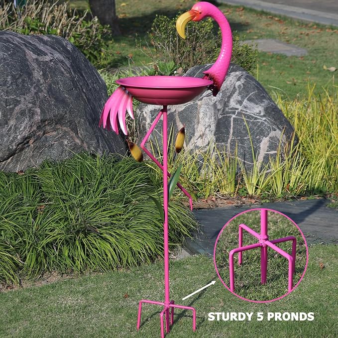 12.2”D * 45.3”H Flamingo Bird Bath, Metal Bird Baths for Outdoor, Bird Feeder with 5 Prongs Stake for Outside Garden Yard Decor