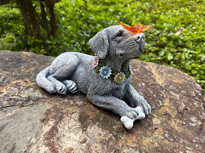 9.64" Solar Dog Garden Statue with Butterfly Outdoor Decor | Dog Statue, Outdoor Decor, Yard Garden Patio Porch, Memorial Gifts for Women Mom Grandma, Hand-Painted