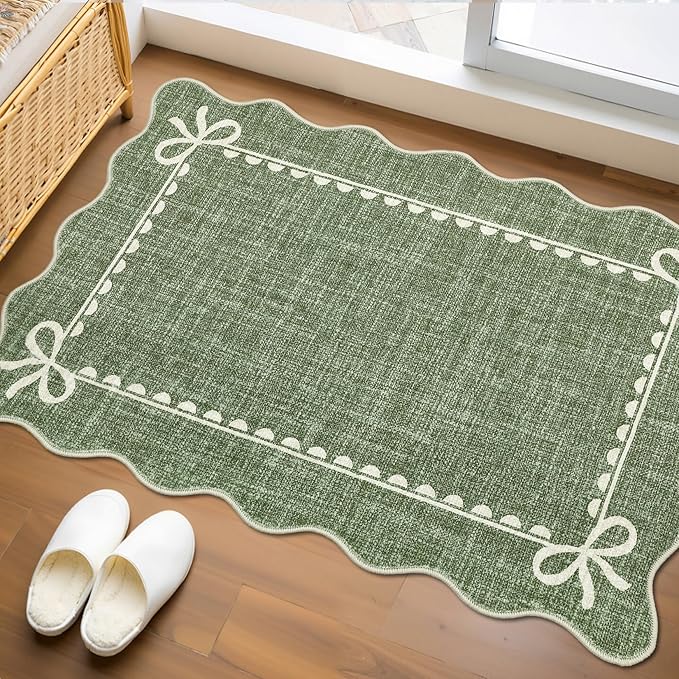 GarveeHome Scalloped Entryway Rug 2x3 Washable Front Door Bow Rug, Green | Non Slip Soft Low Pile Ultra-Thin Stain Resistant Indoor Carpet for Girls Dorm Nursery Bedroom Decor Hallway Kitchen Floor