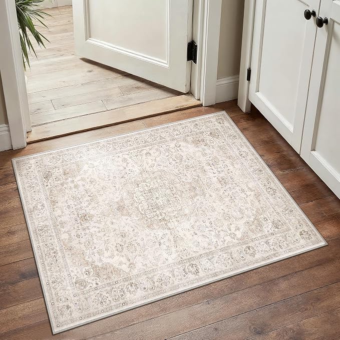 2x3 Entryway Area Rug Vintage Beige Small Rug Machine Washable Door Mat Neutral Floral Low Pile Carpet Vacuumable Thin Throw Rug Entrance Kitchen Bathroom Bedroom Non Slip Lightweight