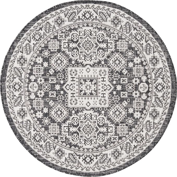 Unique Loom Outdoor Aztec Collection Area Rug - Chalca (4' 1" Round, Charcoal Gray/ Ivory)