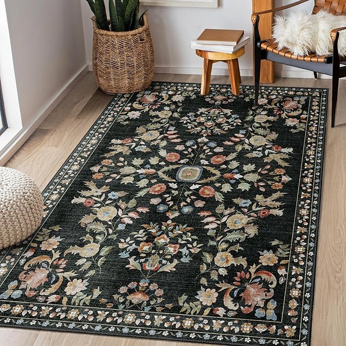 3x5 Rug Washable Floral Area Rugs Non Slip Ultra-Thin | Small Throw Carpet for Bedroom Entryway Living Room Office Kitchen Bedside Floor Indoor Low Pile Boho Vintage Black