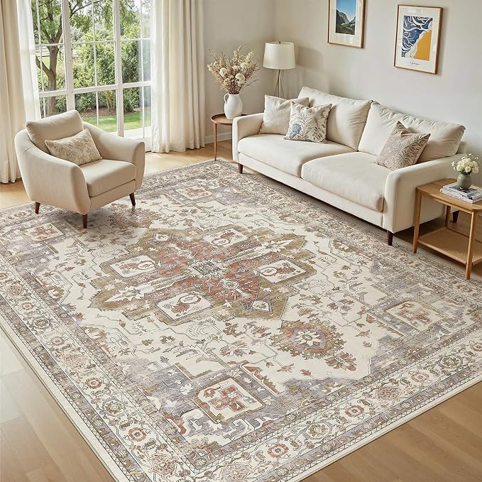 Vintage Washable 5x7 Area Rug for Living Room, Golden Taupe | Soft Low Pile Rug with Non-Slip Backing, Stain Resistant for Bedroom or Dining Room, Kid & Pet Friendly