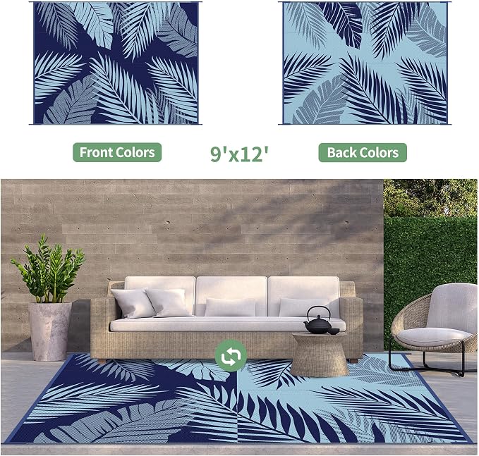 GENIMO Outdoor Rug 9' x 12' Waterproof for Patios Clearance, Reversible Outdoor Plastic Straw Camping Rug Carpet, Large Area Rugs Mats for RV, Camper, Deck, Balcony, Porch, Beach, Navy Blue&Mist Blue