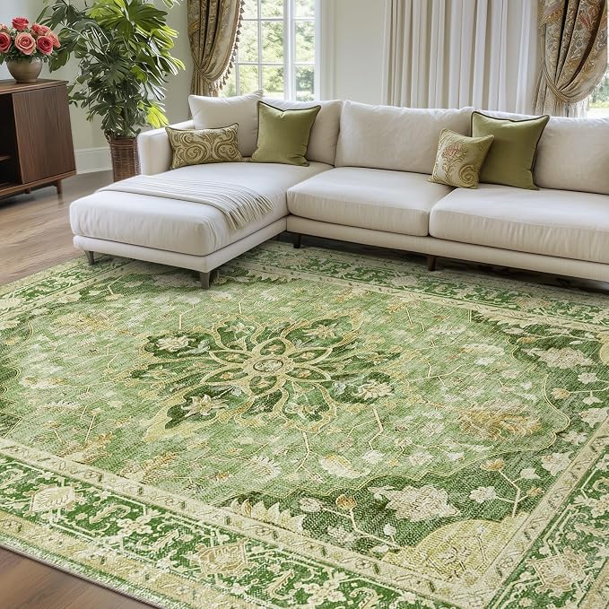 RELEANY Washable Area Rug, 8'x10', Green/Yellow | Non-Slip, Water Repellent, Pet Friendly, Easy to Clean, Vintage Floral Boho Decor for Living Room Bedroom Dining Room