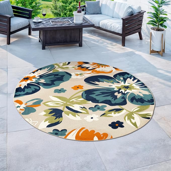 Rugshop Multi Bergamo Floral Indoor/Outdoor Round Area Rug Machine Washable for Patio, Deck and Seating Area, 8' Round