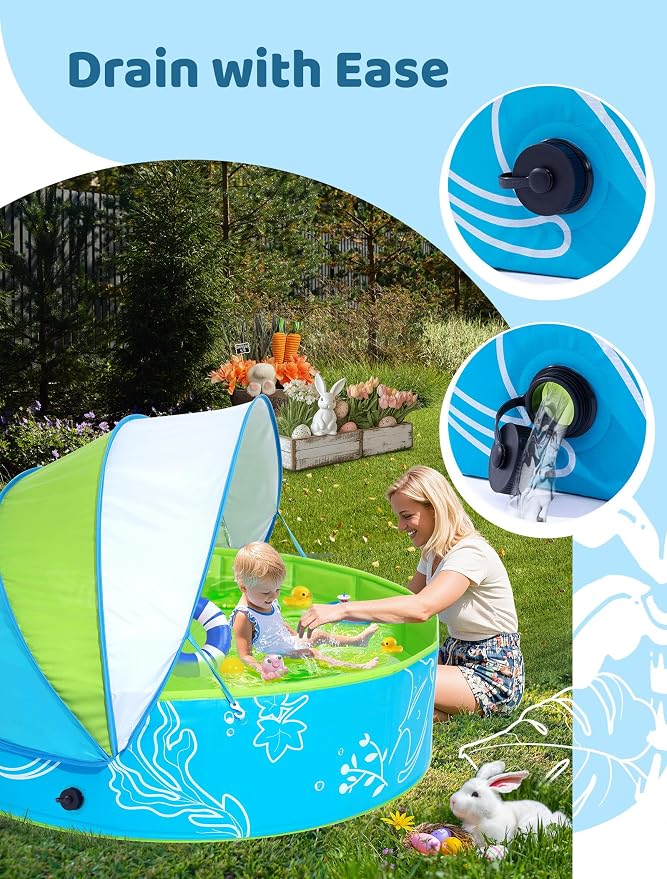 Hikiddy Foldable Kiddie Pool with Canopy, 47in, Blue-Green | for Baby Toddler Kids Pets - Summer Water Play Pool with Removable Shade - Portable for Outdoor Backyard Beach
