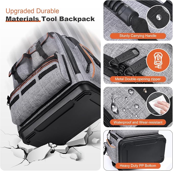 Tool Backpack Heavy Duty – LOKASS Tool Backpack with Molded Base, 1680D Tool Organizer with Laptop Compartment & Combination Lock, Water-Resistant Electrician & HVAC Tool Bag, Stands Upright