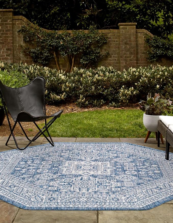 Unique Loom Outdoor Aztec Collection Area Rug - Chalca (5' 3" Octagon, Blue/ Ivory)