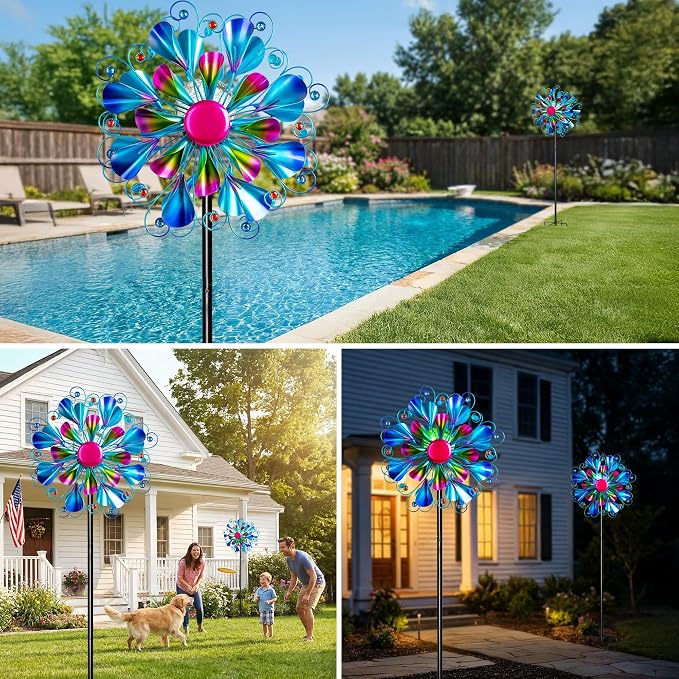 Solar Wind Spinner Outdoor Metal - Peacock Kinetic Garden Sculptures with Color-Changing LED Lights, Waterproof Wind Catchers Yard Art Decor for Patio Lawn, for Women