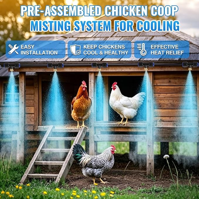 Dreyoo Misters for Outside Patio, 20FT Chicken Coop Misting Cooling System with 10 Brass Nozzles & Fliter & 3/4" Adapter, Outdoor Misting System for Garden, Greenhouse, Trampoline & Canopy