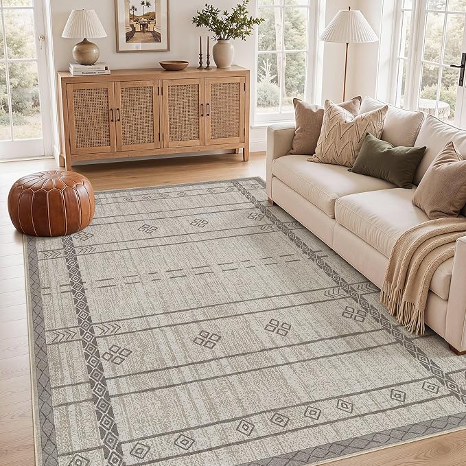 cotiled 6x9 Area Rugs for Living Room: Boho Washable Rug for Dining Room | Stain Resistan Indoor Soft Carpet for Bedroom Nursery Grey Brown