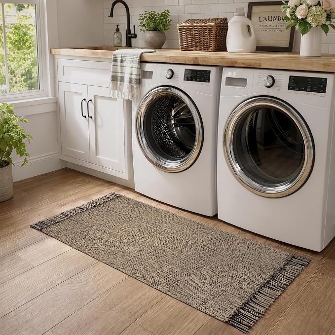 Bathroom Runner Rug, 2' x 5' Modern Farmhouse Kitchen Carpet | Boho Hand-Woven Entryway Rugs Runners for Hallway, Natural/Black Washable Laundry Carpet Indoor Front Door Mats for Bedroom