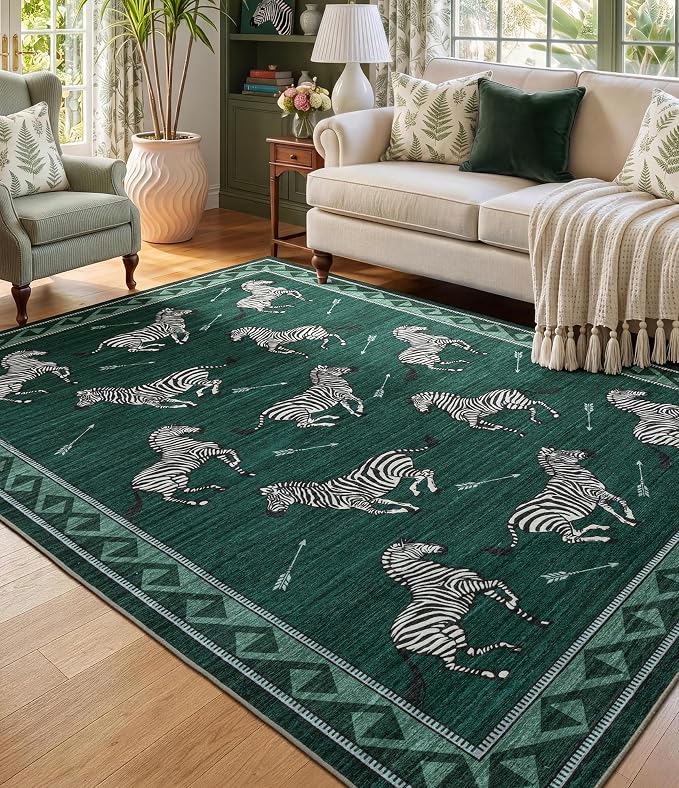 YIHOUSE Green Zebra Area Rugs 6×9, Washable Animal Print Rug with Southwestern Border, Non-Slip Low Pile Mid-Century Modern Carpet for Living Room, Bedroom, Dining Room