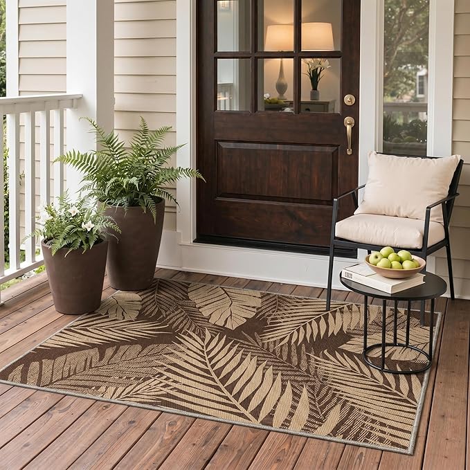 GENIMO Outdoor & Indoor Area Rug 3'x5', Waterproof, Non-Shedding, Easy Cleaning, Leaf Mat for Patio, Living Room, Balcony, Dining Room, RV, Deck, Bedroom, Camping, Outside Carpet, Coffee Beige
