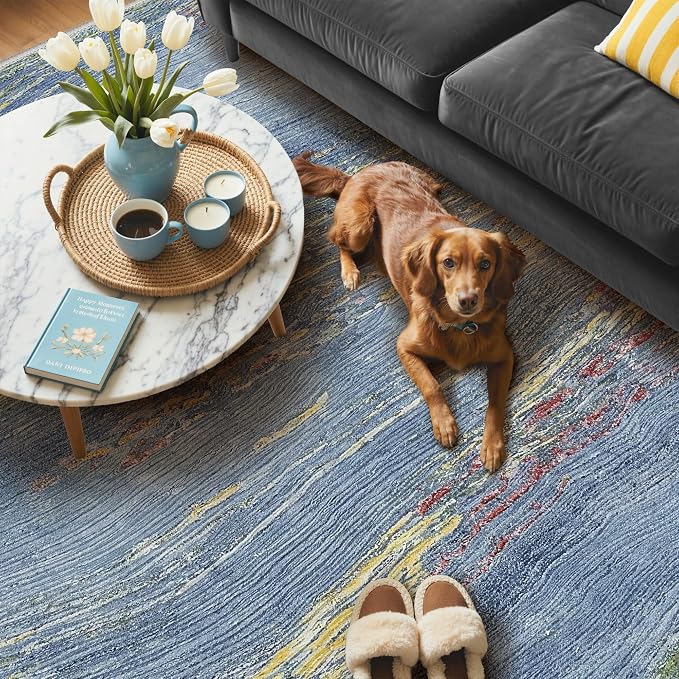 BEIMO 6x9 Washable Area Rug for Living Room, Wave Abstract Ocean Blue | Soft Machine Washable Modern Rug,Streaks Pattern Non Slip Indoor Carpet for Dining Room Playroom Bedroom Office