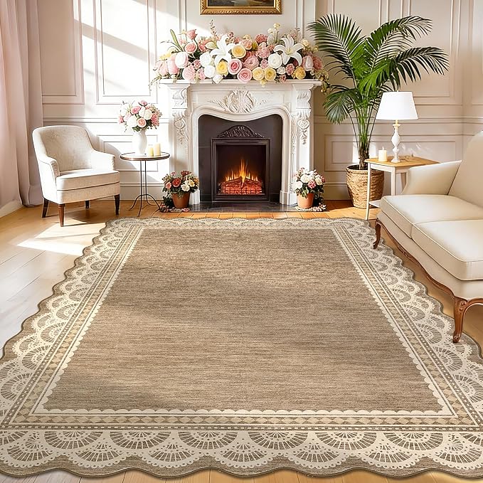 Garvee 9x12 Scalloped Lace Rug for Living Room Washable Soft Rugs Brown | Non Slip Low Pile Rug, Non-Shedding Carpet for Bedroom Playroom Kids Room, Stain Resistant Rugs, Solid Rug for Girls Room