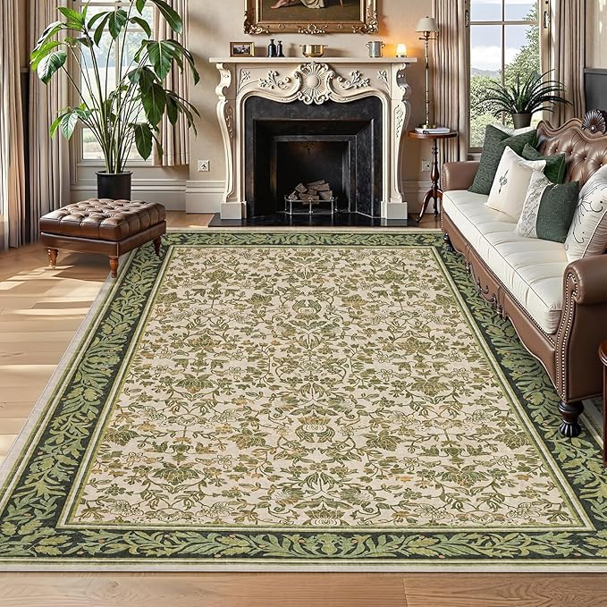 GarveeHome 9x12 Area Rugs for Living Room: Washable Bedroom Rug Light Green | Boho Vintage Non Slip Soft Low Pile Stain Resistant Indoor Carpet for Farmhouse Dining Room Nursery Home Office