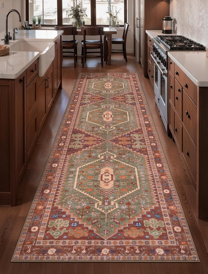 Ciicool Long Washable Runners Area Rug for Hallways,Ultra Soft 2x8ft Carpet | Oriental Non-Slip Thin Indoor Terracotta/Green Entry Rugs for Kitchen Entryway Bedroom Bedside Living Room Laundry Decor