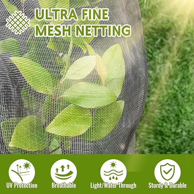 2 Pack Fruit Tree Netting Bags with Zipper and Drawstring, 4 x 5ft Ultra Fine Mesh Garden Netting Plant Cover, Bird Netting for Blueberry Bushes, Fruit Trees, Flowers (Black, 4 x 5 ft)
