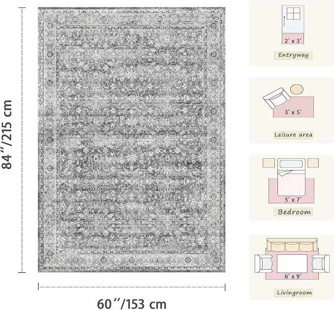 Latte&Fog 4x6 Area Rugs for Living Room, Vintage Washable Grey Rug | Non Slip Low Pile Soft Floral Cute Carpet for Dining Kitchen Kids Playroom Nursery Guest Room Classroom Dorm Farmhouse Office
