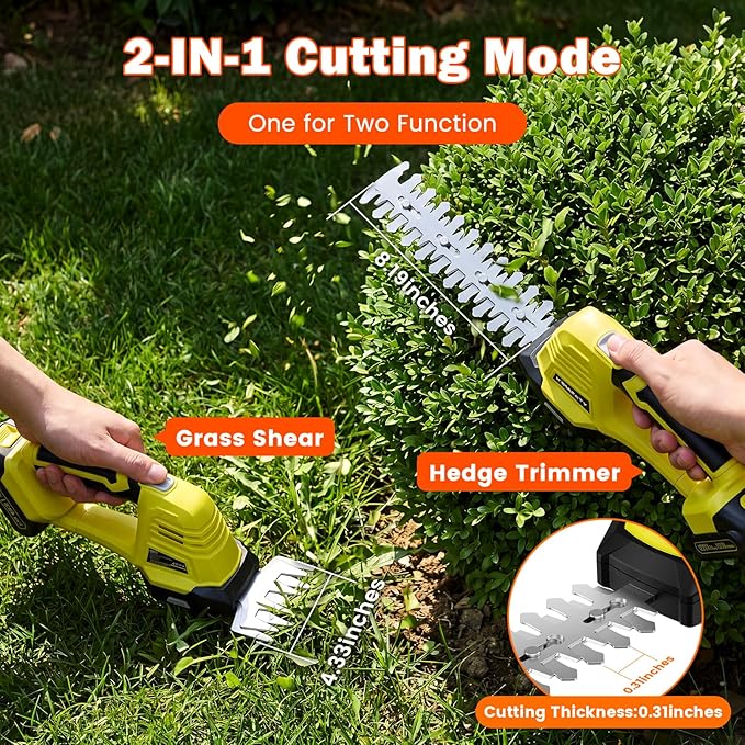 20V Hedge Trimmer Cordless with 2 Battery and Charger, 2 in 1 Electric Hedge Shears, Shrub Trimmers with 2 Blades, Battery Powered Bush Trimmer Mini Handheld Grass Cutter Yard Tool