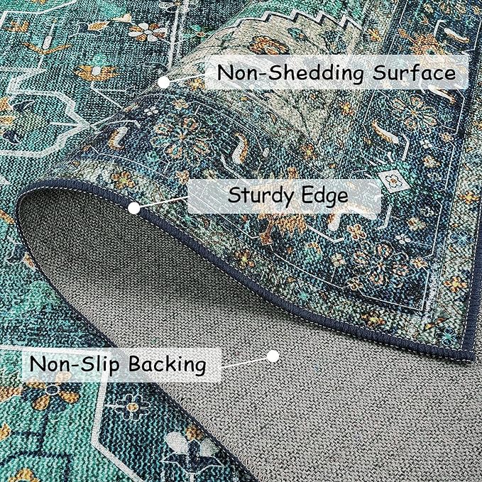 Moynesa 2x4 Teal Vintage Floral Medallion Runner Rug - Machine Washable, Non-Slip, Low Pile, Indoor Use Only