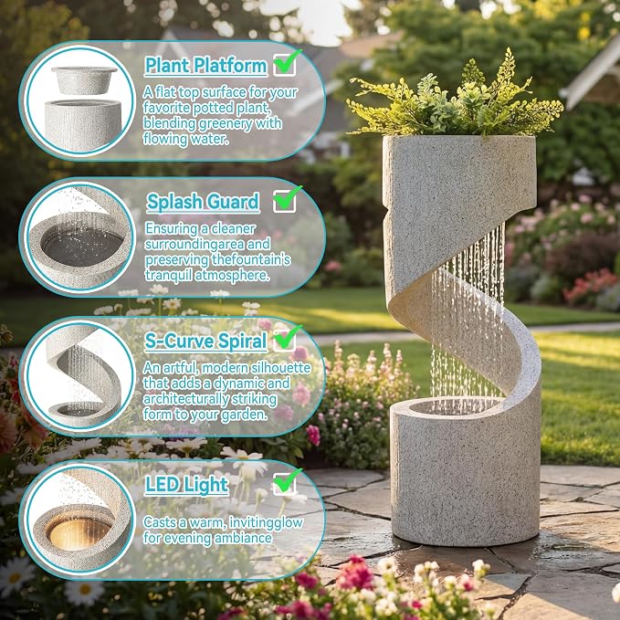 Glitzhome Outdoor Water Fountain with LED Light, Spiral Tiered Water Fountain Outdoor with Stone Planter, Modern Curved Waterfalls Feature Fountains for Garden Patio Porch, 31.3”H