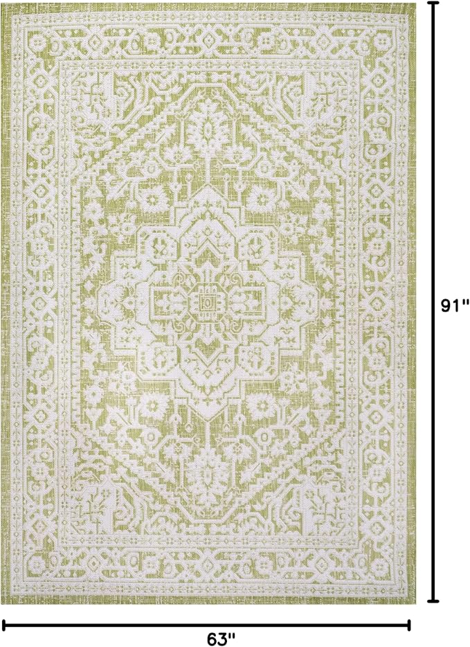 JONATHAN Y Medallion Weave Indoor Outdoor Area Rug 5X8 Green/Cream, Sinjuri Textured for Backyard, Patio, Porch, Easy-Cleaning, High Traffic, Pet-Friendly, Non-Shedding (SMB101E-5)
