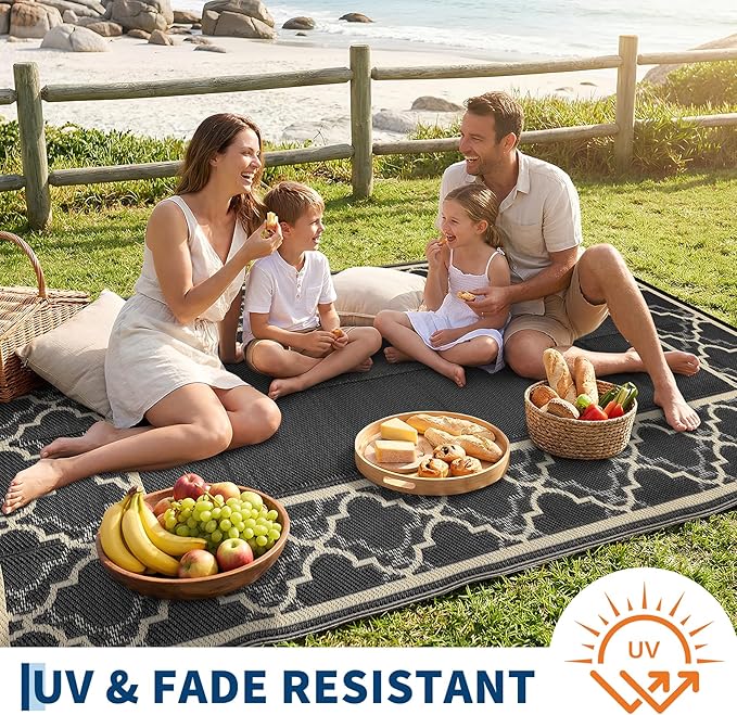 Garvee Reversible Outdoor Rug 10x14, Waterproof Outdoor Plastic Straw Rug with Interlacing Pattern, RV Mat for Picnics, Patio, Camping, Balcony, Deck, Backyard, Porch, Coffee