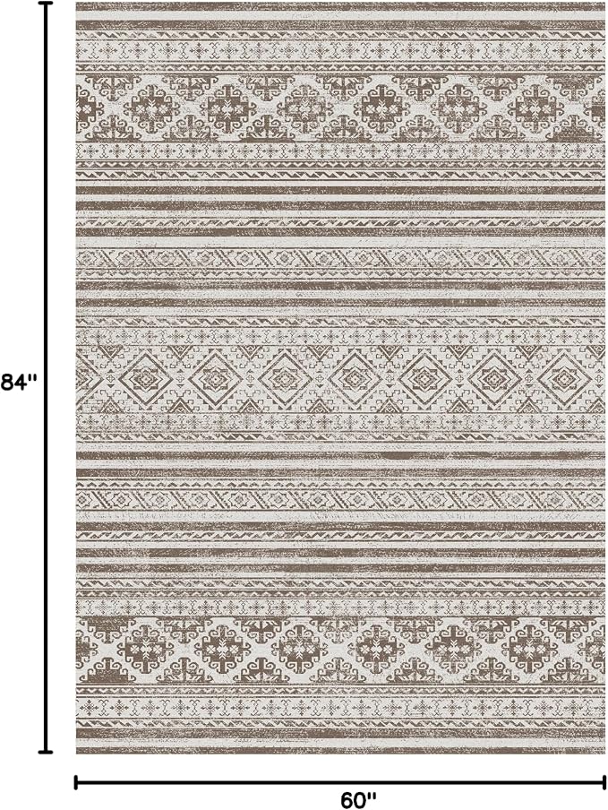 Washable Area Rugs 5' x 7' - 1/6 Thick - Moroccan-Inspired -Stain & Water Resistant Non-Slip - Resistant Rug for Living Room, Bedroom, Nursery, Pet & Child Friendly (Brown)